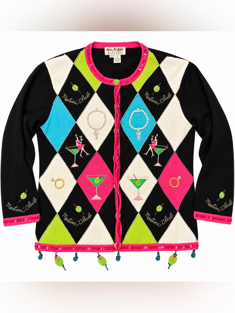 Jack B. Quick Women's XL Martini Club Cardigan Sweater Vintage Argyle Sequin